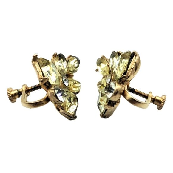 Yellow Rhinestone Earrings Clear Accents Screw Ons Vintage Costume Jewelry - Picture 5 of 6